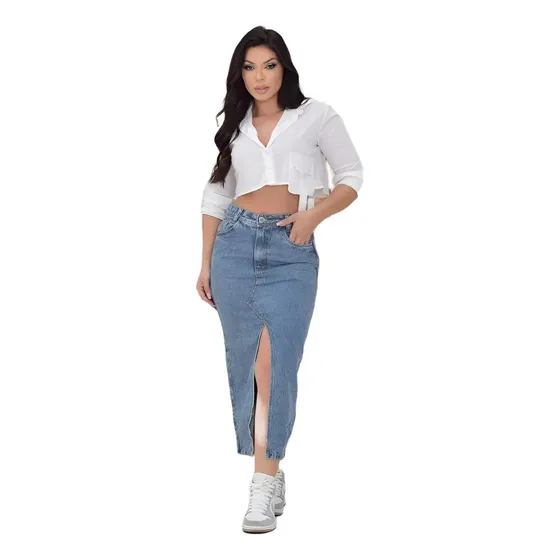 Saia Jeans Feminina Longa Midi Evangélica Cintura Alta