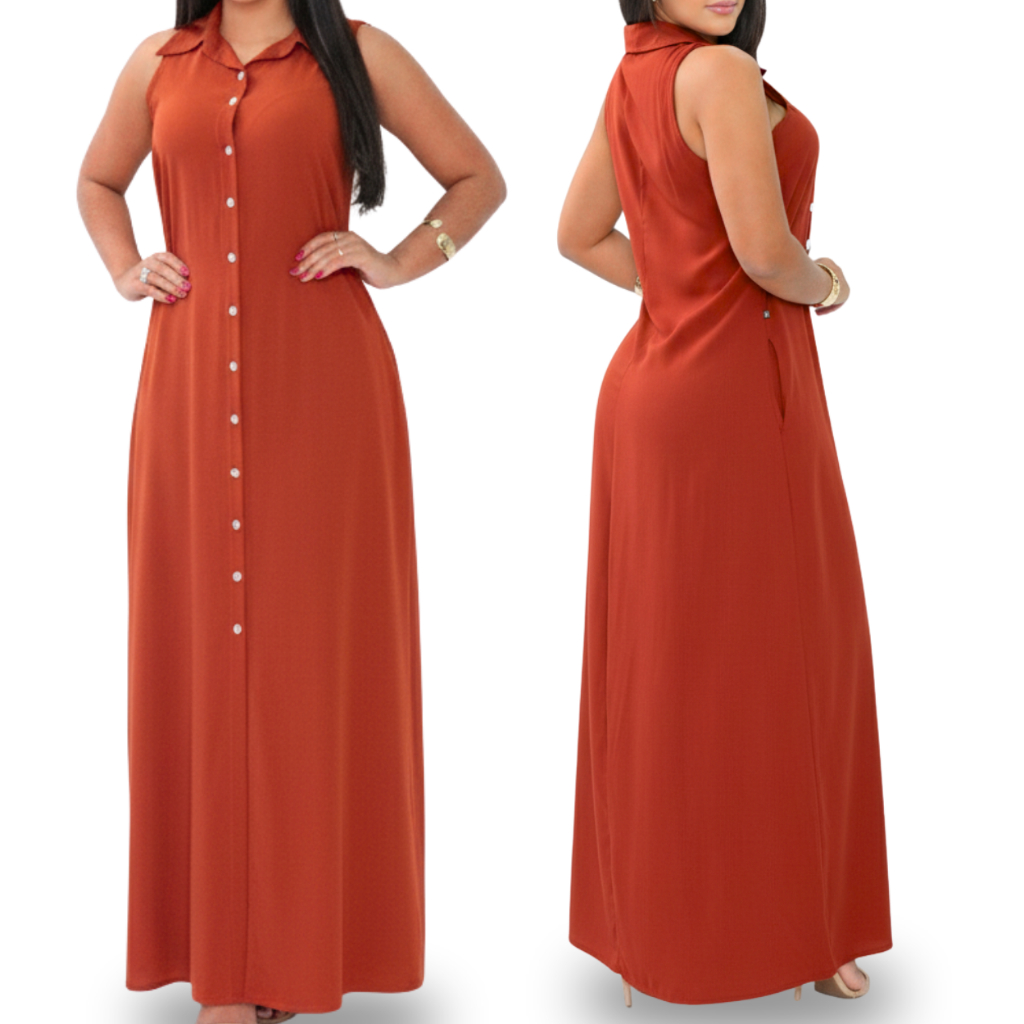 Vestido Feminino Longo Chemise Sem Manga Verão Lançamento Gola Botões Bolsos Confortável Elegante