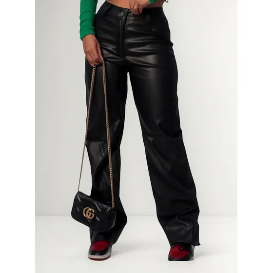 Calça Couro Fake Feminina Pantalona Wide Leg Premium Luxo