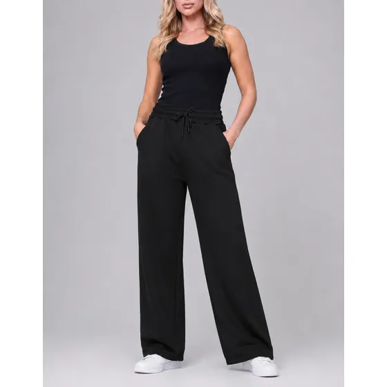 Calça Wide Leg Moletom Cintura Alta Reta Flanelada Casual