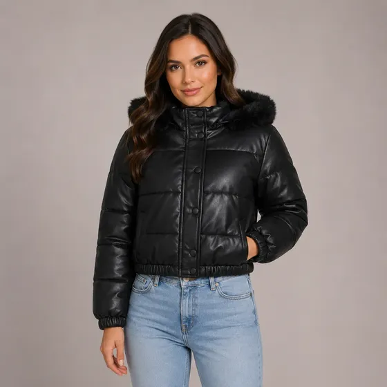 Jaqueta Puffer Feminina Cropped Couro Forrada Capuz Pelinho