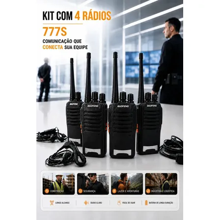 Kit 4 Rádios Comunicadores Baofeng 777S Profissional - Com Fone Microfone e Acessórios - Radio Comunicador Segura Longo distancia Com 16 Canais Hardline