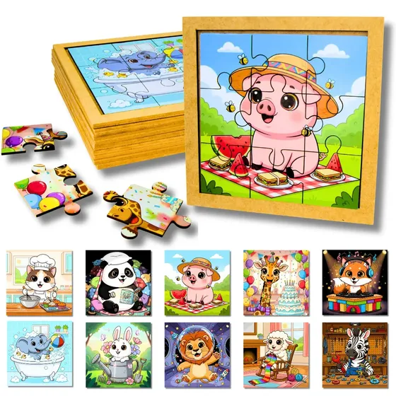 Kit 10 Quebra Cabeças Animais Brinquedo Infantil Colorido Educativo Madeira Mdf