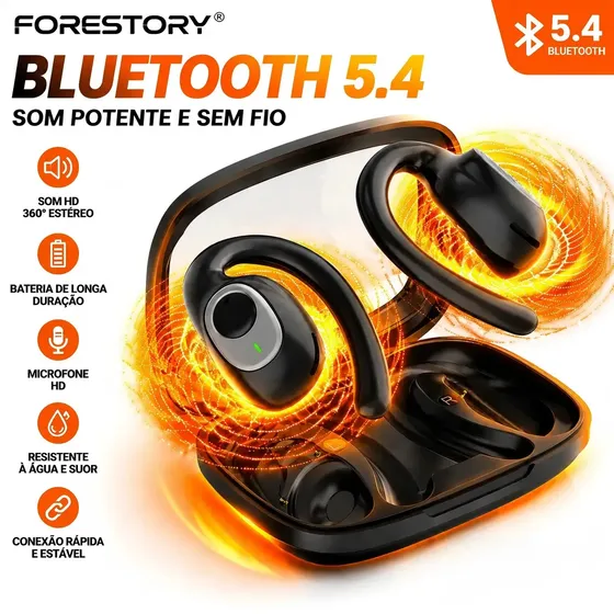 FORESTORY Fone De Ouvido Bluetooth 5.4 OWS TWS Sem Fio X5 Open Ear Esportivo Com Gancho LED Display Microfone HD Grave Potente HiFi Som Estéreo Para Academia Corrida Ciclismo, Compatível iOS Android