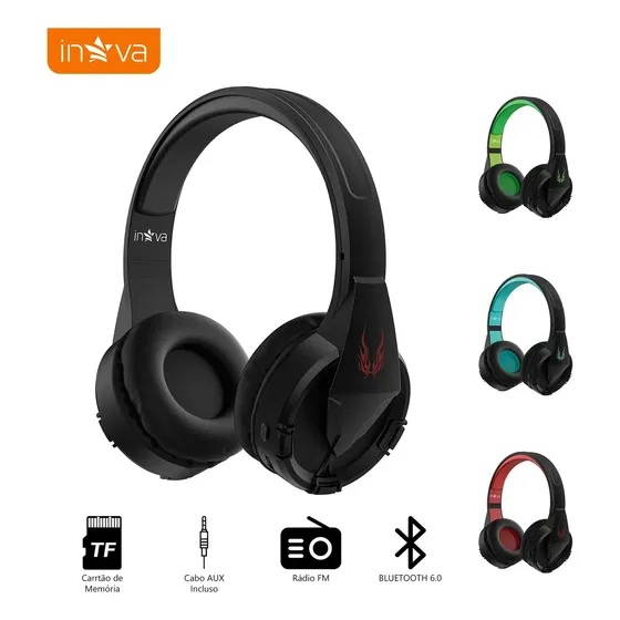 Fone de Ouvido Inova Cases Bluetooth KV-6709 Wireless Over-Ear Com Microfone, Entrada AUX, Slot TF até 32GB, Rádio FM, Reprodução MP3 Sem Fio e Com Fio para Casa Exercícios Ao Ar Livre