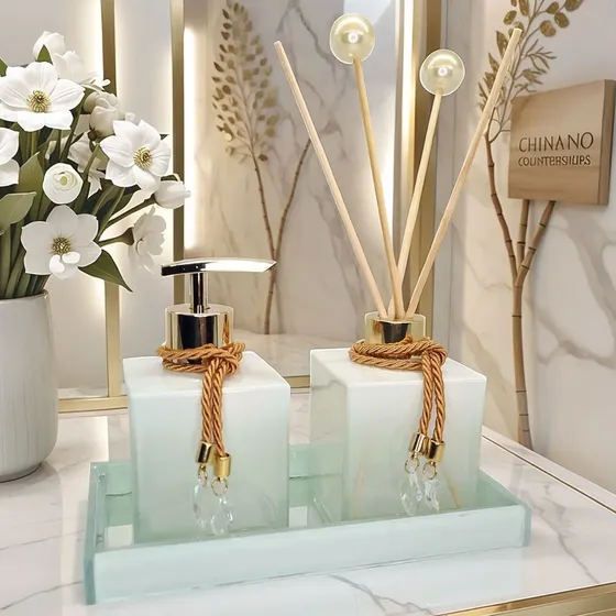 Kit Lavabo Sofisticado C/ Porta Aromatizador E Bandeja Cor Branco Degradê C/ Dourado