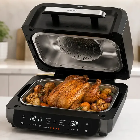 Air Fryer Churrasqueira Elétrica WAP Barbecue Flame Digital 10L 1700W 230°C Duplo Aquecimento Touch LED Smokeless Tecnologia 360° Antiaderente Graystone 4 em 1