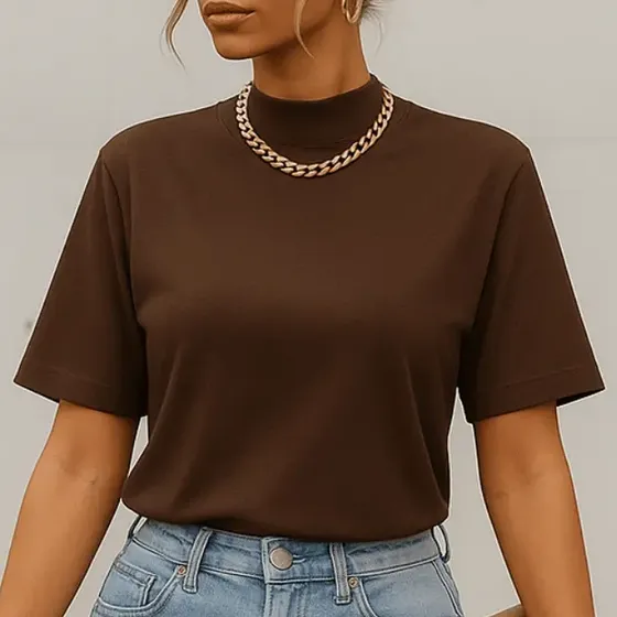Blusa Moda Feminina T-shirt Básica Gola Alta Lisa
