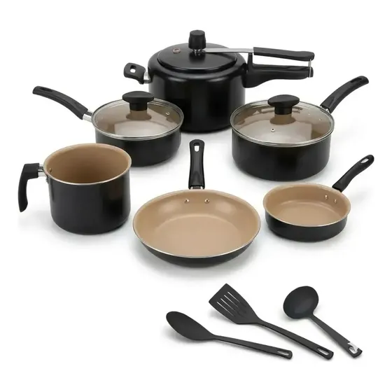 Conjunto 9 Panelas Antiaderente Com Panela De Pressão 2l Preto E Bege