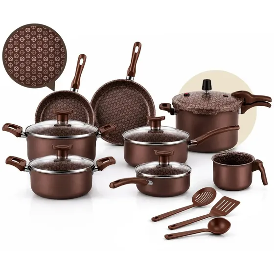 Conjunto De Panelas 11 Peças Antiaderente Com Panela de Pressão E Utensílios Fogão A Gás Marrom
