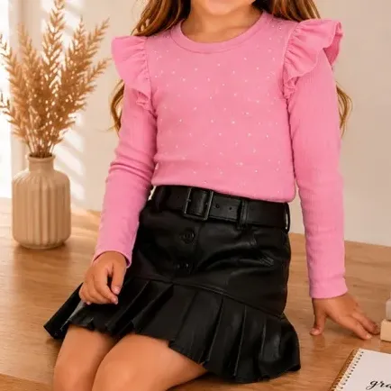 Conjunto 2 Peças Infantil Menina Saia Plissada  Blusa Manga