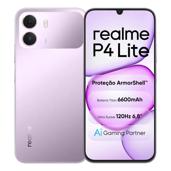 Celular Smartphone realme P4 Lite 128GB 4GB Ram (+6gb ram virtual boost) Dual Sim, Bateria Titan 6600mAh, chipset octa-core, Tela 6,8" 120Hz, Proteção ArmorShell, AI Gaming Partner, Violeta