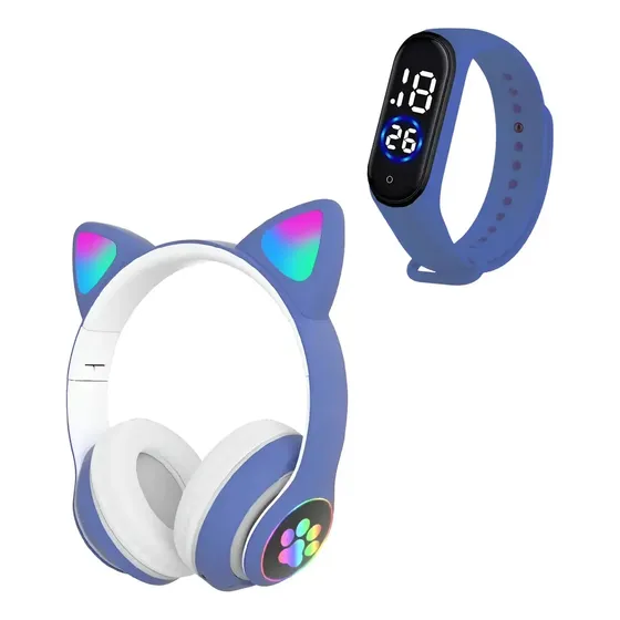 Fone Gatinho Bluetooth Unissex Crianças + Relógio Esporte Azul