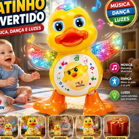 Brinquedo Patinho Musical Dançarino Com Movimentos Som E Luz Cor Amarelo Musical Infantil Crianças Luzes Coloridas E Interativo - Marca Redfin