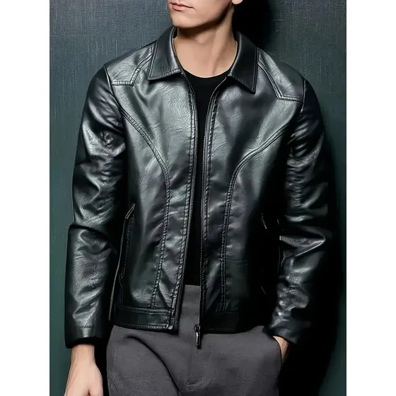 Jaqueta De Couro Pu Masculina Moda Casual Lapela Zíper