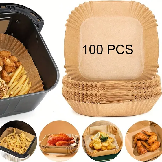 100 Folhas Descartáveis Para Airfryer Quadrada 20 Cm Brown