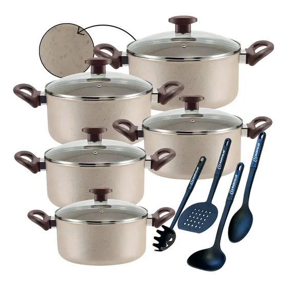 Kit Jogo De Panelas Caçarolas 9 Peças Teflon 6 Camadas Crema
