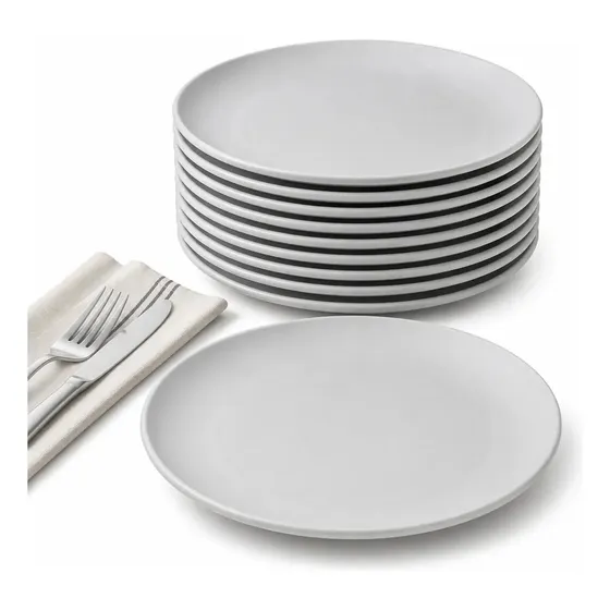 Kit 10 Pratos Rasos de Plástico Cinza Resistente e Reutilizável