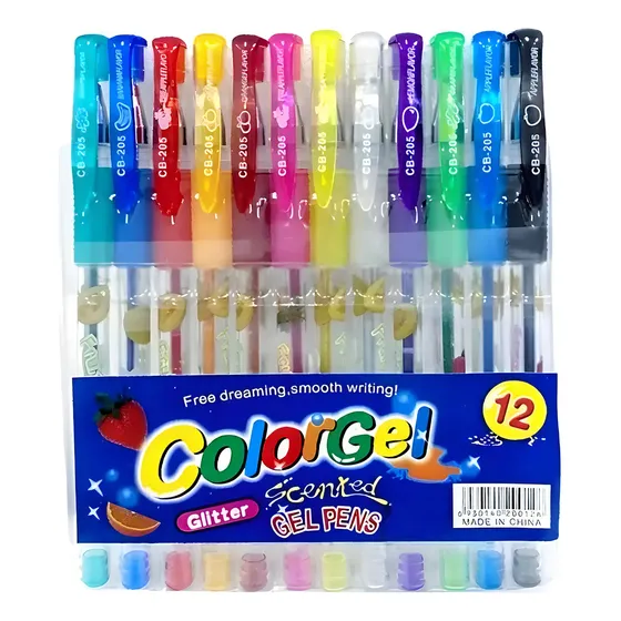 Kit 12 Canetas Gel Coloridas Perfumadas Glitter Neon Pastel