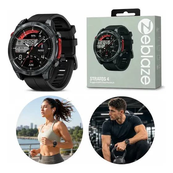 Relógio Inteligente Zeblaze Stratos 4 Smartwatch GPS e GNSS AMOLED 1,43'' 5ATM IP69K com Chamadas Bluetooth,Lanterna LED,Bússola,Monitor Cardíaco SpO2,170 Modos Esportivos,Android iOS Preto Original