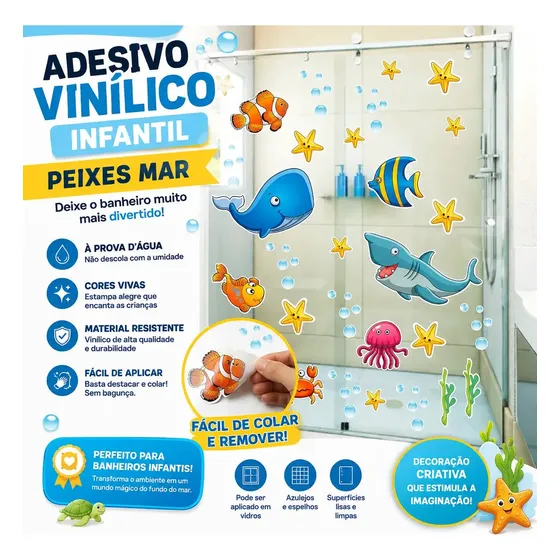 Adesivo Vinílico ADC Infantil Peixes Mar para Banheiro 70x50cm