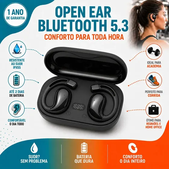 Fone De Ouvido Bluetooth Sem Fio Tws Open Ear Esportivo Display Digital Caixinha Case Carregadora Tipo C Compatível iPhone Samsung Xiaomi Android Para Corrida Academia Com Microfone Anatel Preto 3tech