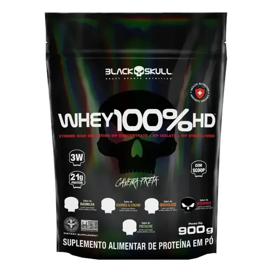 Whey Black Skull 100% Hd Refil 900g Caveira Preta Sabor Morango