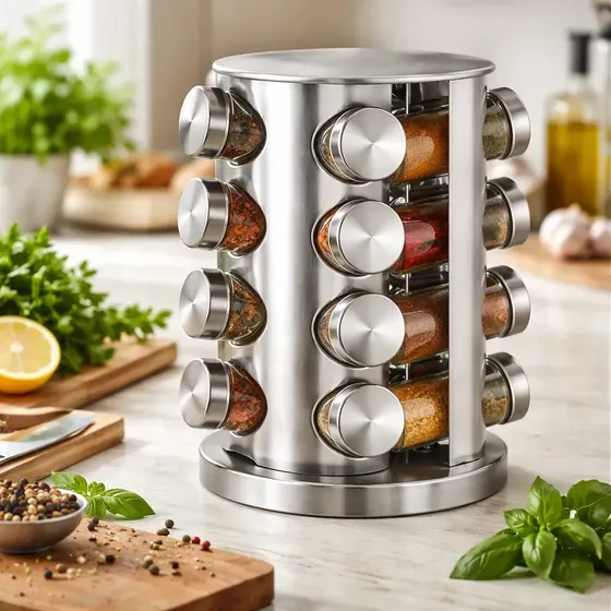 Porta-tempero Giratório Inspire Casa Inox 16 Potes Vidro Mesa