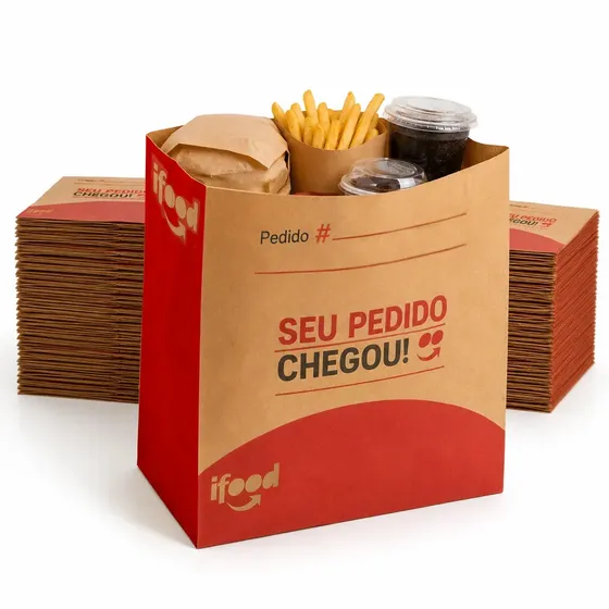 Kit 100 Sacos De Papel Kraft Extra Grande GG 30x19x32 Estampa Ifood Seu Pedido Chegou Delivery Lanches Hamburgueria Restaurante Embalagem Resistente Fundo Quadrado Sem Alça Tamanho GG Mimosidades