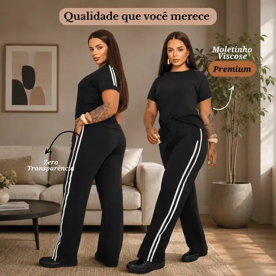 Conjunto Feminino Moletinho Blusa Calça Pantalona Com Listra