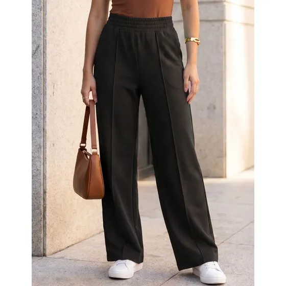 Calça Pantalona Moletom Wide Leg Cintura Alta Bolso Casual