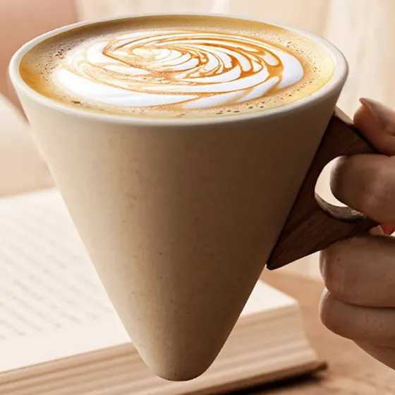 Xícara De Espresso Cerâmica Com Base Madeira 100ml