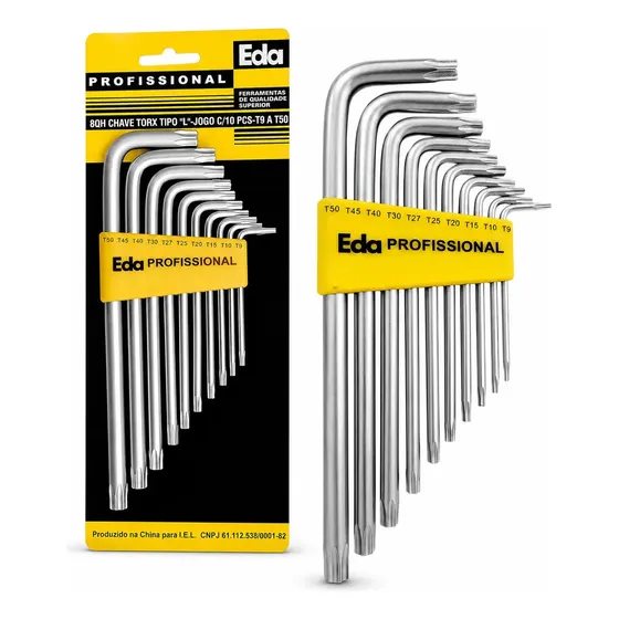 Jogo Chave Torx L Aço Eda 10 Peças T9, T10, T15, T20, T25, T27, T30, T40, T45, T50 Longa Amarelo