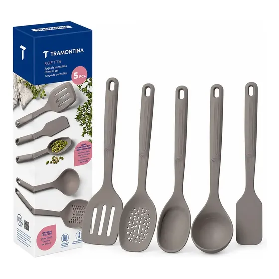 Jogo de Utensílios de Silicone Tramontina Softta, 5 Peças, Cinza