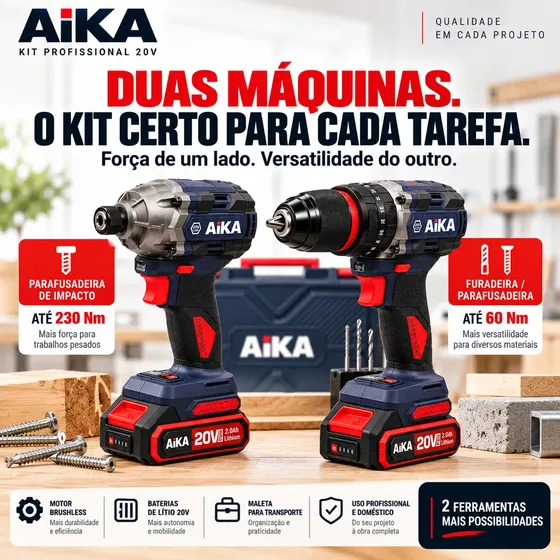 Kit Completo Aika 2 Parafusadeiras Impacto 2 Baterias Profis