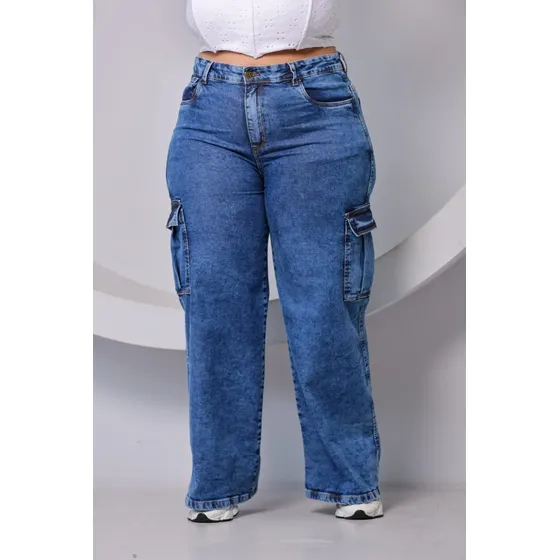 Calça Jeans Plus Size Feminina Cargo Cintura Alta