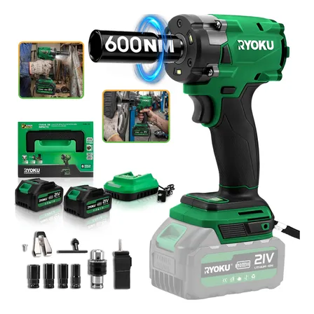 Chave De Impacto Brushless 21v 2 Baterias 600nm 1/2  Ryoku Verde 127/220v 50 Hz/60 Hz
