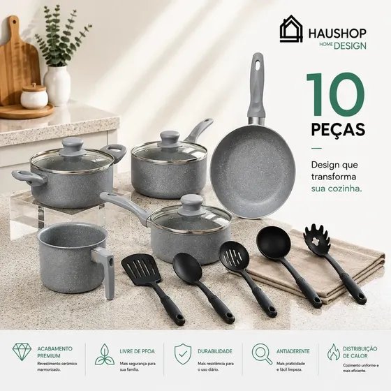 jogo de panelas completo cerâmico haushop 10 peças antiaderente com utensílios